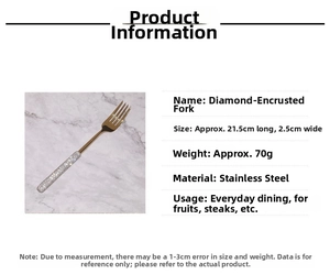 Detailed view of luxury gold 304 stainless steel fork with diamond-encrusted handle