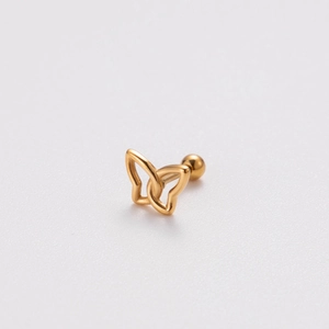 Macro detail of golden hollow butterfly stud earring with secure screw ball back closure