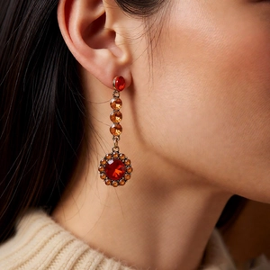 Gros plan de boucles d'oreilles vintage dorées avec gemmes rouges et orange sur un mannequin