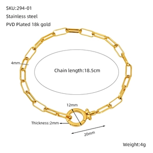 18k gold plated stainless steel paperclip chain bracelet with a round toggle clasp
