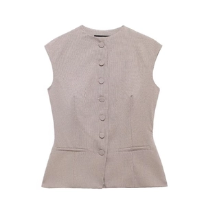Women Plaid Vest Top Houndstooth Sleeveless Round Neck Buttons Retro Office Commuter Sleeveless Waistcoat Polyester
