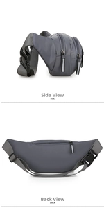 Detailed side and back view of durable gray waterproof waist bag with reflective zipper pulls