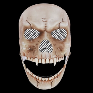 Close-up of skeleton mask with aged bone texture, mesh eye holes, and sharp fangs
