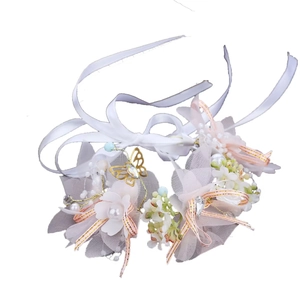 Elegant floral bridal headband with pink fabric flowers, white pearls and gold butterflies