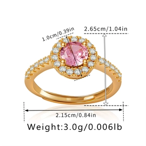 Detailed dimensions of 18K gold plated ring with large pink zircon halo center stone