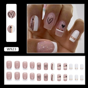 French tip press-on nails in nude pink glitter with black hearts and Love script W923