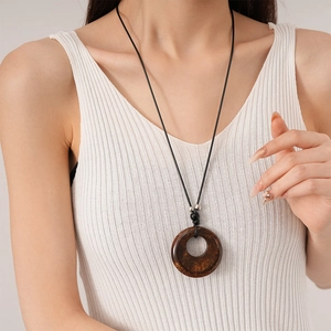 Retro resin hollow circular pendant sweater necklace with dark brown wood-like texture