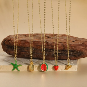 Summer Fruit Series Copper 14K Gold Plated Enamel Watermelon Pineapple Strawberry Banana Starfish Pendant Necklace Women Jewelry