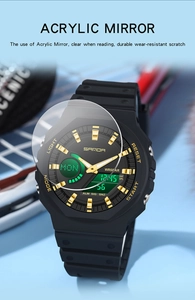 Macro view of water-resistant sports watch showing durable acrylic lens and golden dial