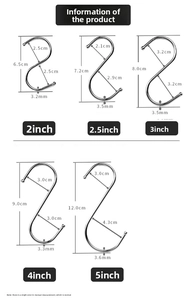 Detailed size chart for stainless steel S-shaped hooks in five various dimensions
