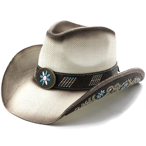 Straw Western cowboy hat with vintage gradient edges and sunflower badge trim