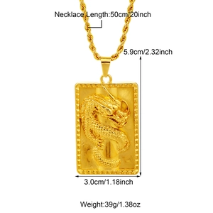 Gold plated dragon pendant necklace with detailed relief carving and twist chain dimensions