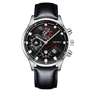Business men's quartz watch with black leather strap and three-eye chronograph dial