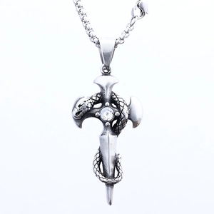 Retro punk stainless steel sword cross pendant with snake wrap and white zircon stone
