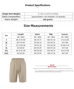 Detailed size chart for men's horizontal stripe shorts with accurate measurements in cm and inches