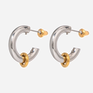 Polished two-tone C-shaped stainless steel earrings in silver and 18k gold plating