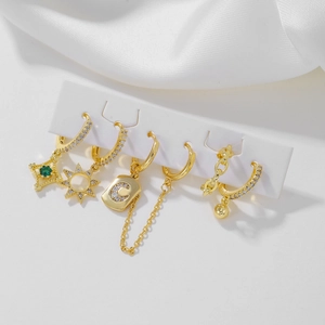 6pcs gold star moon chain earring set with zircon accents and a green heart gem
