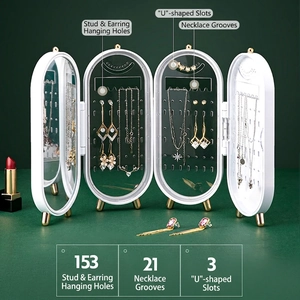 Organizador De Joyas Pantalla Plegable Soporte De Exhibición De Plástico Con Espejo Para Pendientes Y Collares Antipolvo Estilo Lujo