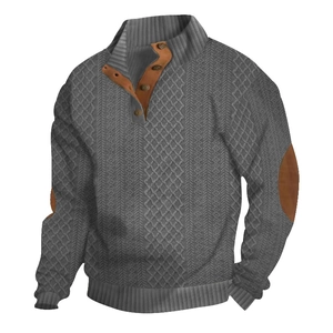 Grauer Herren-Strickpullover mit Zopfmuster, Knopfleiste und braunen Ellbogen-Patches
