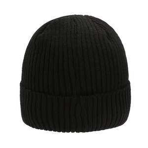 Classic black ribbed knit beanie for men with warm folded cuff design for winter