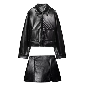 Veste En Similicuir Et Mini Jupe Pour Femmes Streetwear PU Manches Longues Top Zippé Taille Haute Chic Tenues Noires