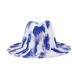Stylish blue and white tie-dye wool fedora hat with a classic wide brim design
