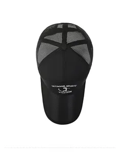 Detail of breathable mesh design and outdoor sports embroidery on a black trucker cap