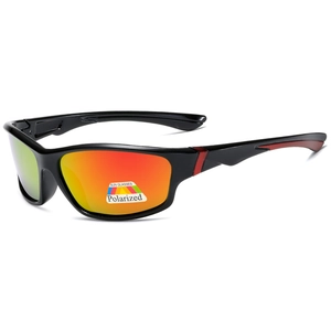 Detail of square frame sports sunglasses with red polarized mirror lenses and black arms