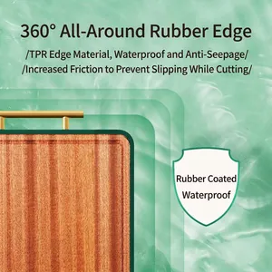Ebony wood cutting board with green TPR edges and golden U-shaped handle on water background