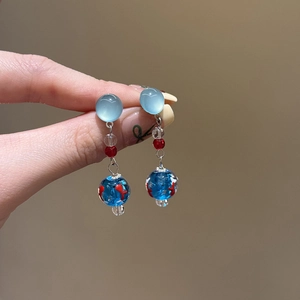 Handmade goldfish glass drop earrings with blue translucent beads and summer aesthetic