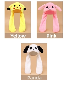 Three plush ear-moving animal hats in yellow Pikachu, pink bunny, and panda styles