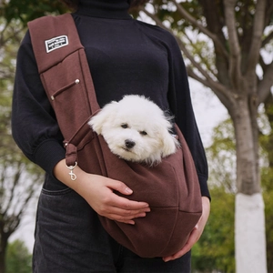 Borsa a tracolla per animali in tela di cotone marrone scuro per cani di taglia piccola