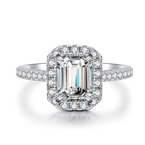 Luxurious S925 sterling silver emerald cut ring with pavé side stones on white background