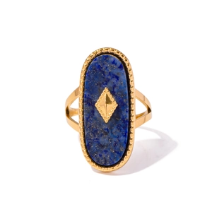 Bague vintage en acier titane doré de style français avec pierre de lapis-lazuli