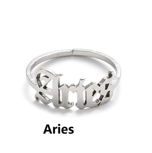 Detailed top view of silver Aries zodiac ring with adjustable band on white background