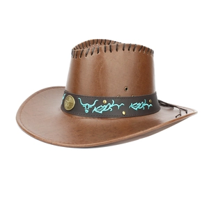 Brauner Western-Cowboyhut aus Kunstleder mit breiter Krempe und Stierkopf-Stickerei