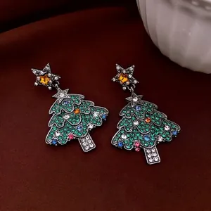 Exquisite Christmas tree drop earrings with green rhinestones and silver stars