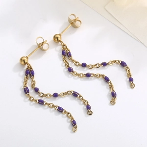 Minimalist gold-plated double chain drop earrings with elegant purple olive beads