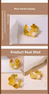 Detailed close-up of golden floral pattern ring with an elegant inlaid white pearl