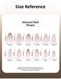 Tableau des tailles détaillé pour faux ongles amande comprenant 12 tailles et 24 pièces