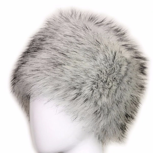 Detail of faux fox fur hat in Russian style showing black-tipped white gradient fibers