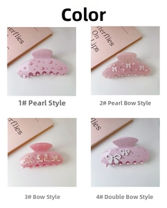 Detailed views of pink hair claw clips with pearls and sweet ribbon bow designs