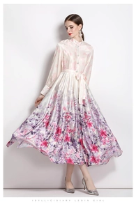 Detail of satin floral maxi dress with mandarin collar and elegant lantern sleeves