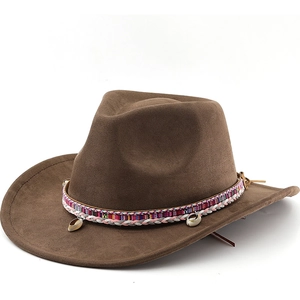 Western Cowboy Hat Suede Wide Brim Fedora With Ethnic Braided Band Shell Charms Vintage Bohemian Sun Hat For Women Men