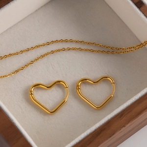 French style 18K gold plated stainless steel heart hoop earrings and necklace set in a box