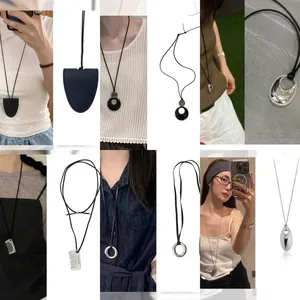 Resin Geometric Ring Pendant Necklace Long Leather Rope Sweater Chain Simple Minimalism Jewelry For Women Fashion