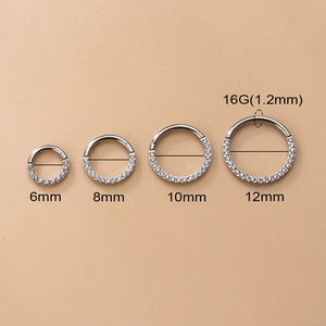 G23 Titanium 16G hinged clicker rings with cubic zirconia in four sizes 6mm to 12mm