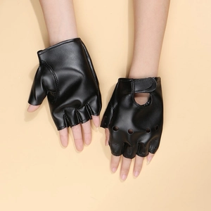 Black half-finger PU leather gloves with breathable holes and adjustable wrist straps