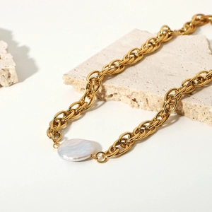 18K gold-plated stainless steel thick chain necklace with a flat white pearl pendant