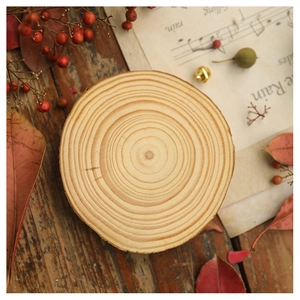 Flat lay of natural pine wood coaster with visible grain on a rustic autumn table